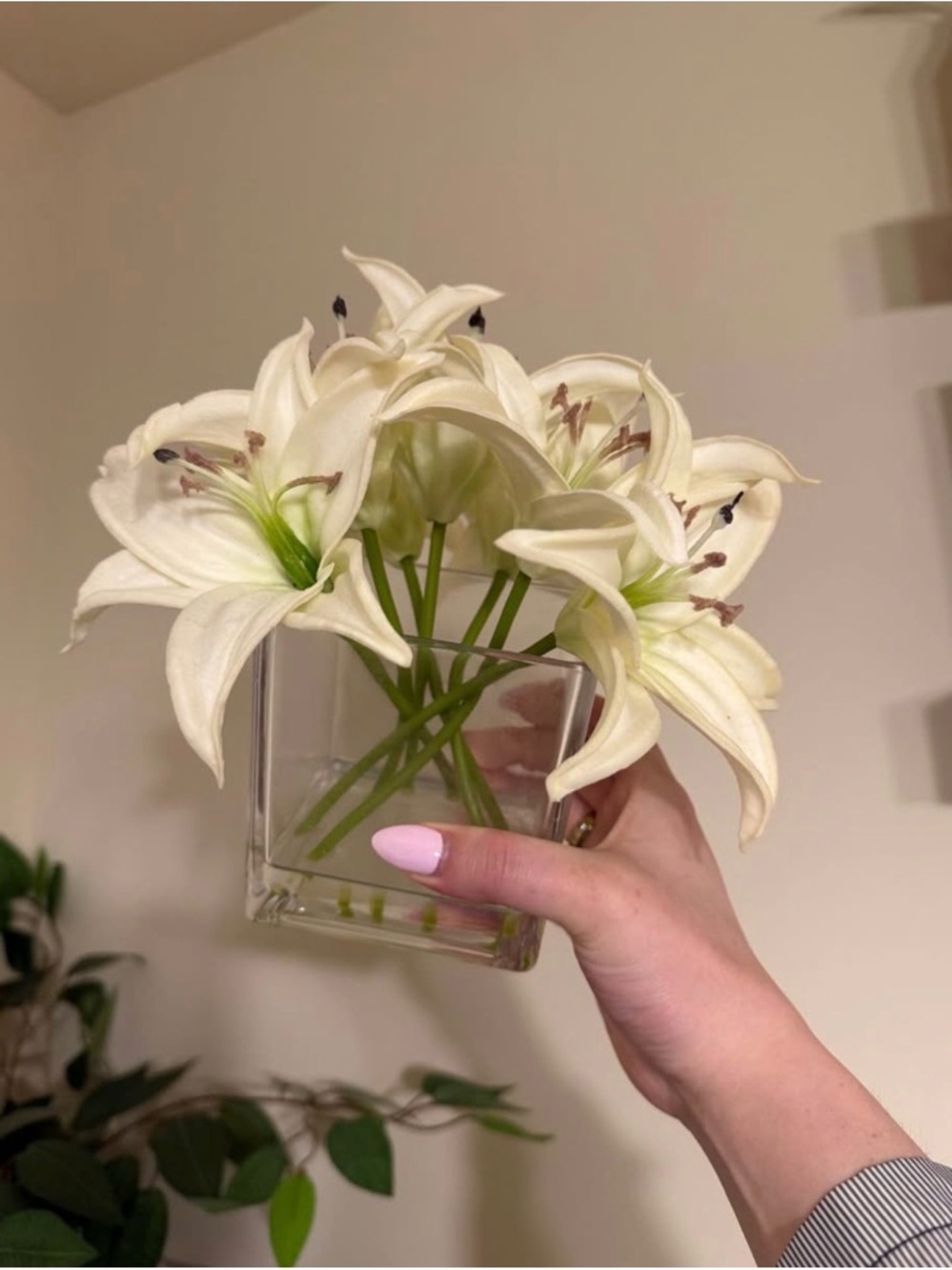 Artificial White Lily Arrangement in Clear Glass Vase
